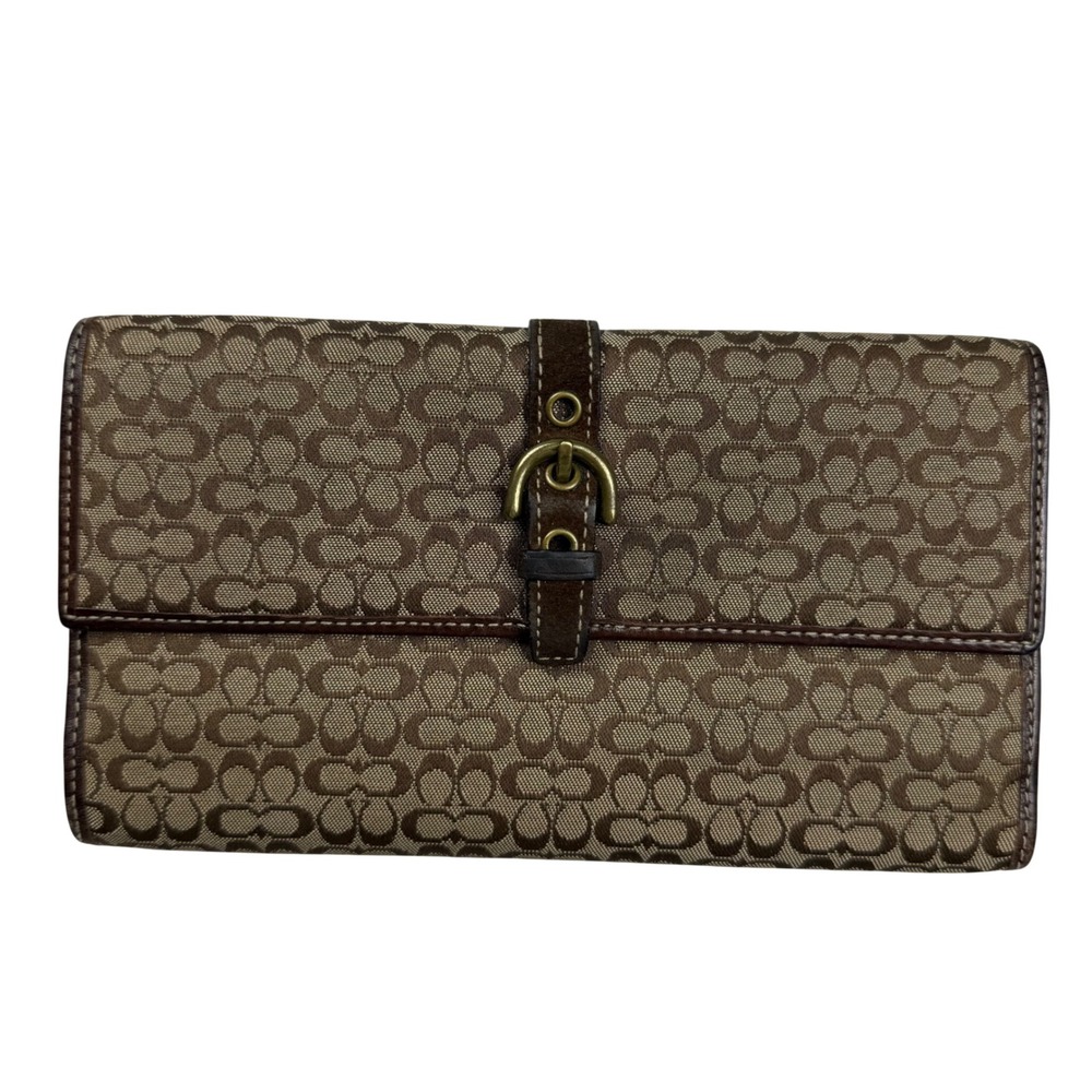 VTG Y2K Coach Signature Jacquard Slim Envelope Wallet Brown Buckle Tri-Fold